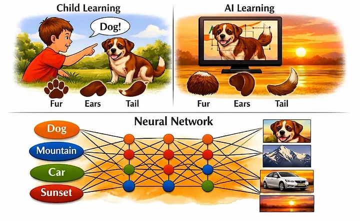 Side-by-side comparison of a child learning to recognize a dog by its fur, ears, and tail versus an AI learning the same features from a photo, connected to a neural network diagram linking words like dog, mountain, car, and sunset to images